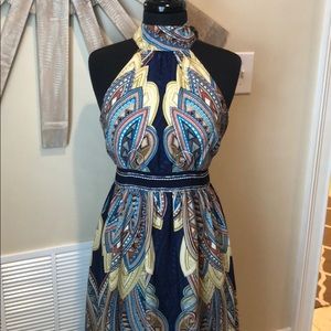 Ark &Co halter tie maxi dress in blue/gold print